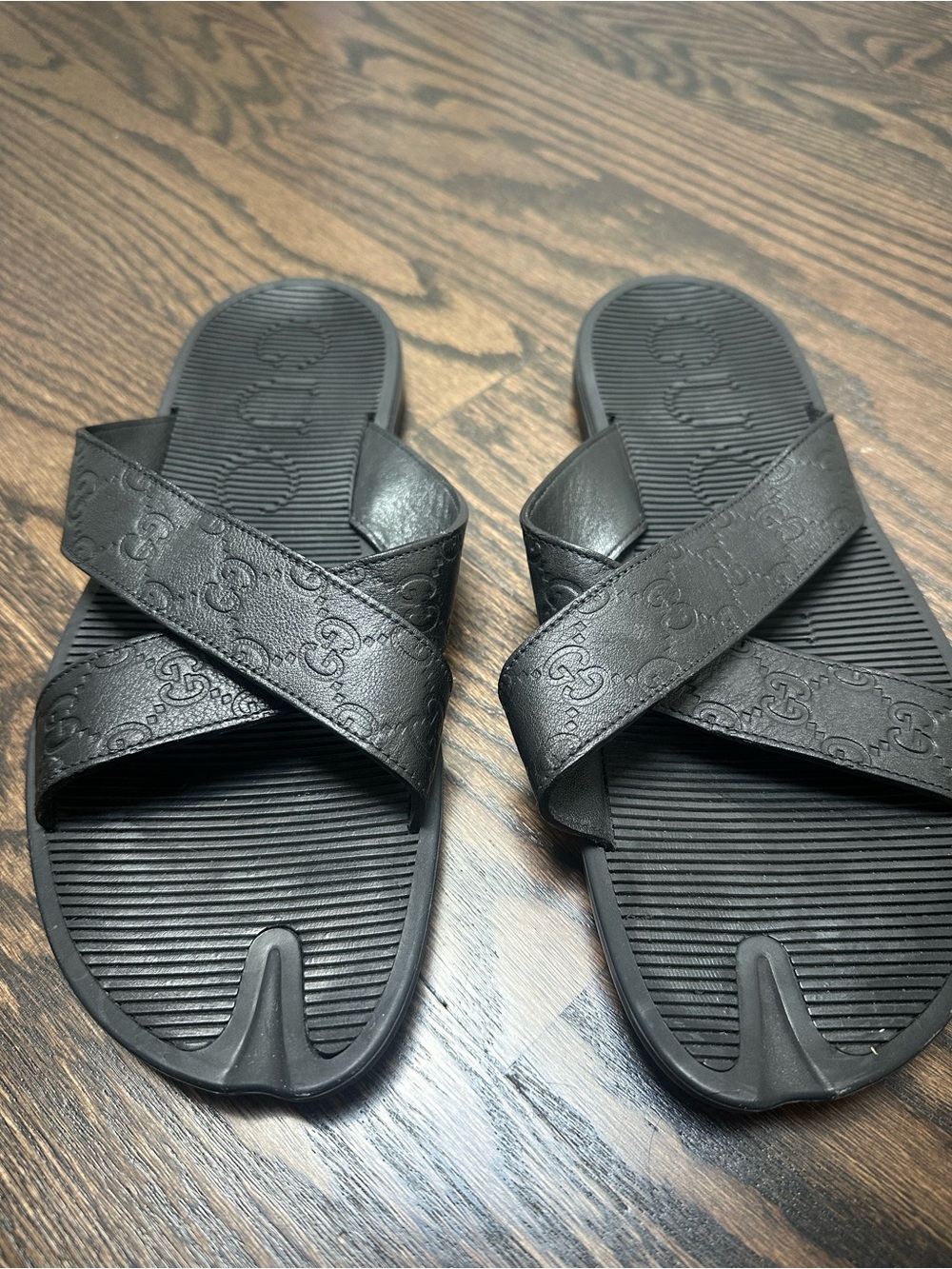 Gucci Men's Black Embossed Leather Cross-Strap Sandals